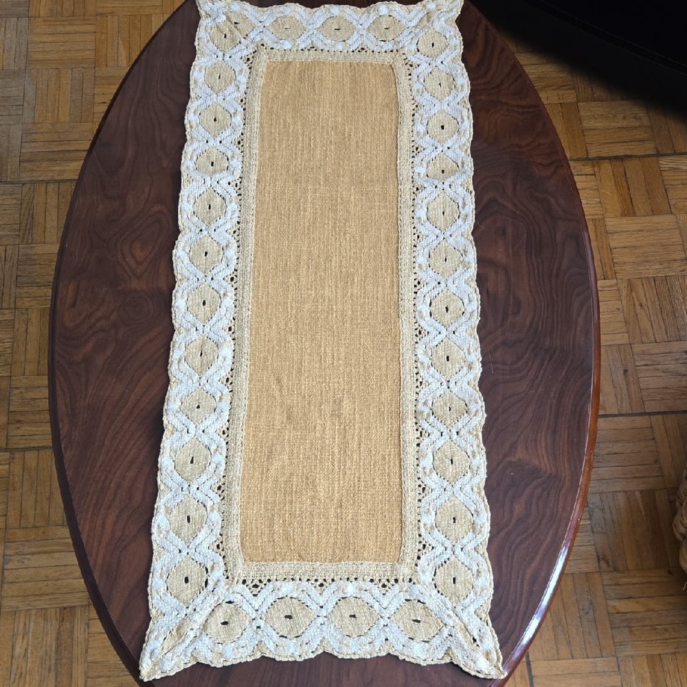 Vintage One Of A Kind Taupe and Cream Linen Coffee Table Runner Boho